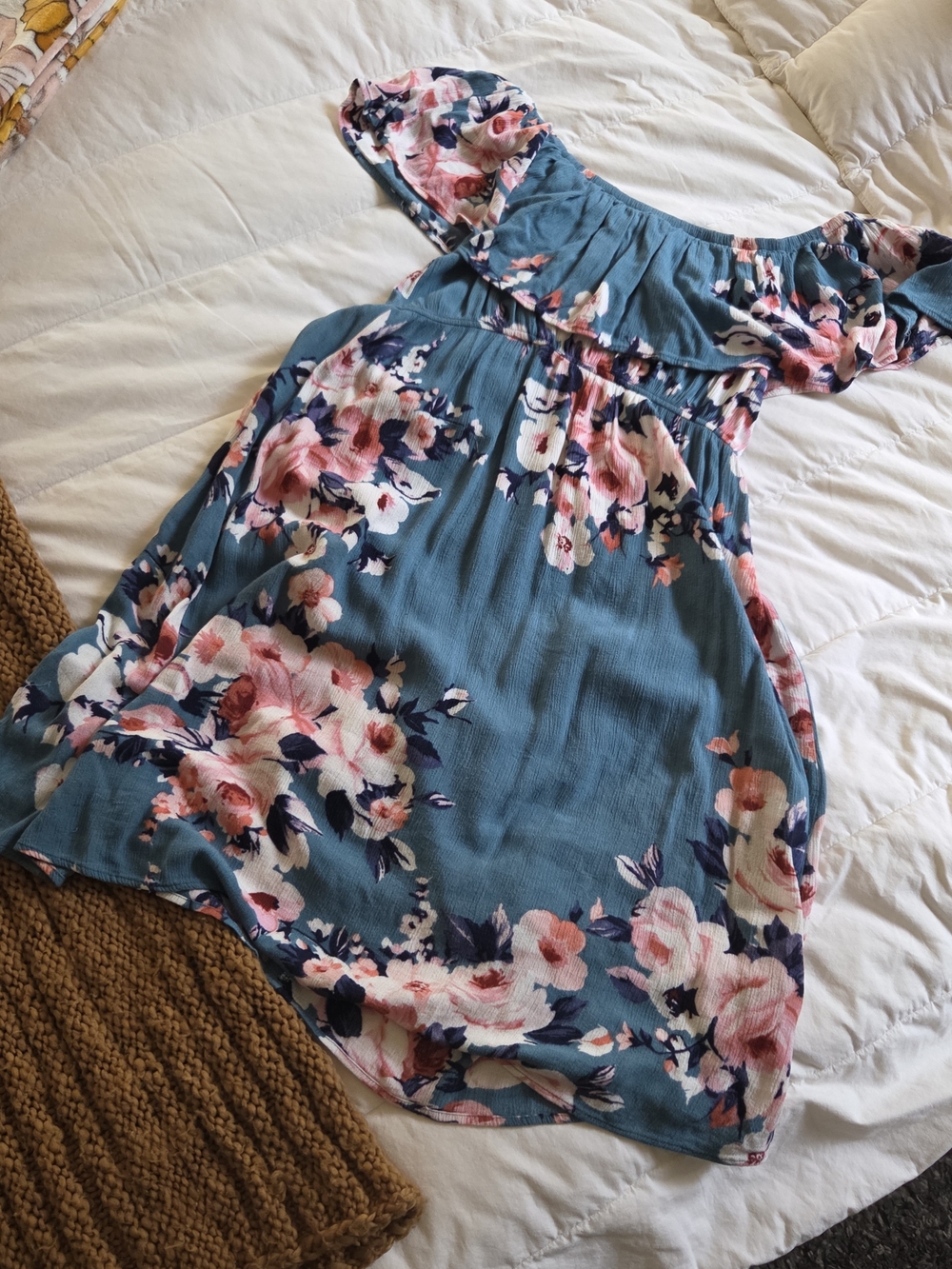 Haute Monde Teal Off The Shoulder Floral Summer Dress with Pink & White Blooms